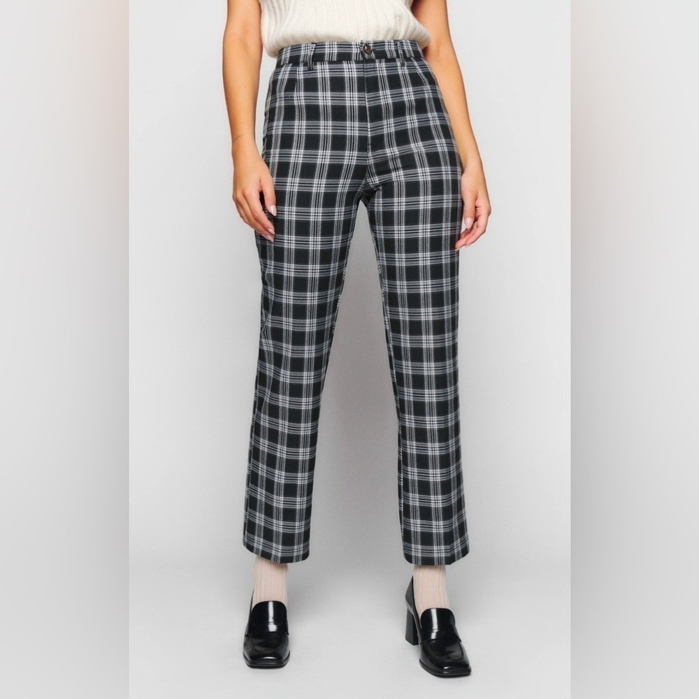 NWT Reformation Petite Franklin Straight Ankle Pant Black White Tartan Plaid 2